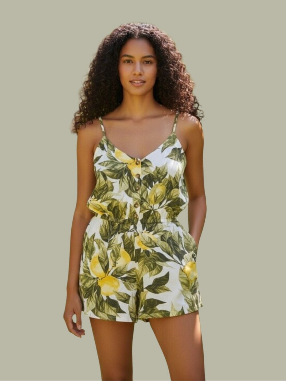 H&M White and Olive Green Tropical-Print Romper